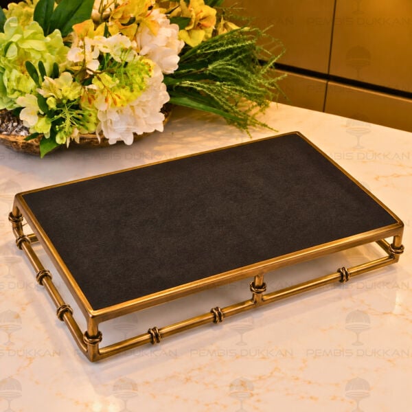 Dikdörtgen 41cm Çelik Eskitme Bronz Dekor Tepsi