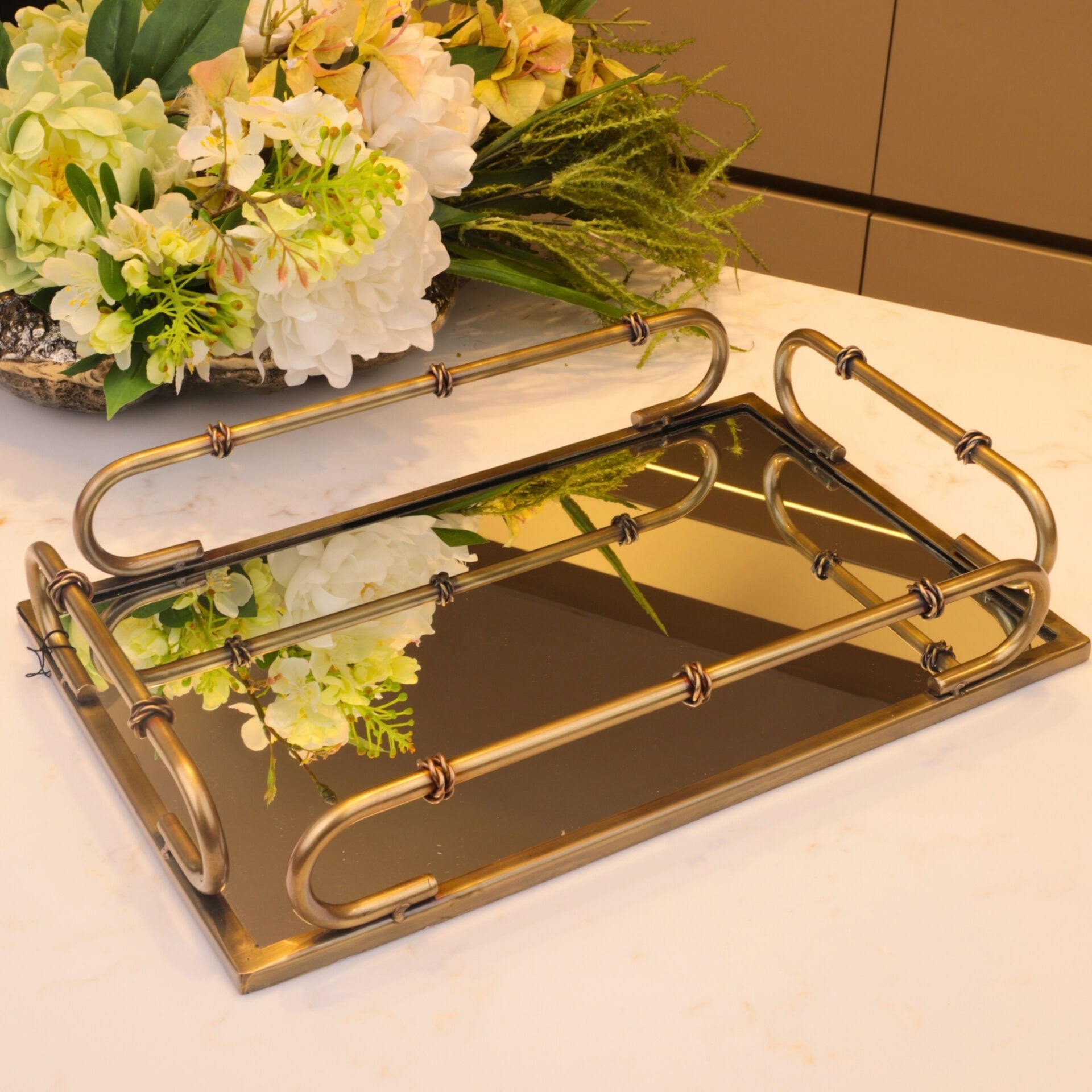 Dikdörtgen 41cm Çelik Eskitme Bronz Dekor Tepsi
