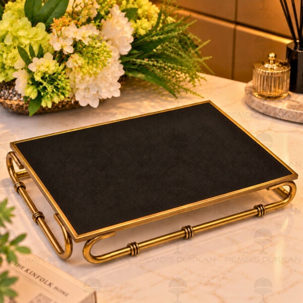 Dikdörtgen 41cm Çelik Eskitme Bronz Dekor Tepsi