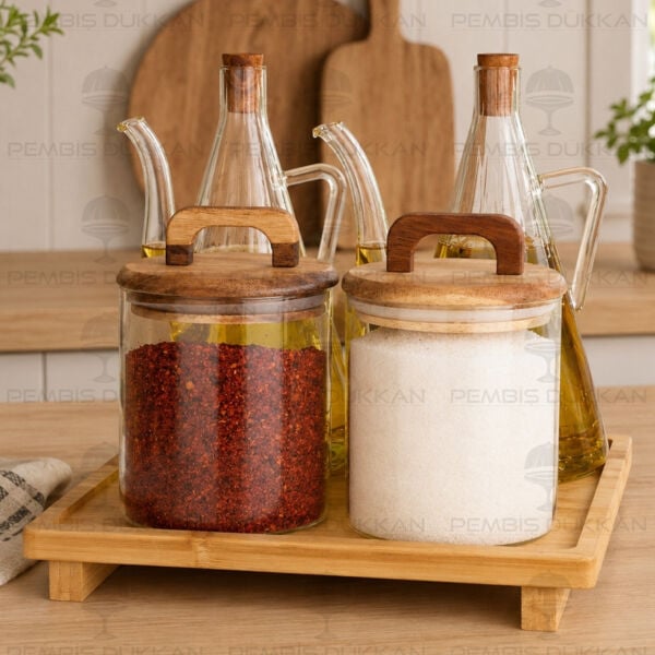 5li Bambu Standlı İbrik Ocak Yanı Yağdanlık Kombin Set 3