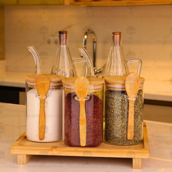 5li Bambu Standlı İbrik Ocak Yanı Yağdanlık Kombin Set 4