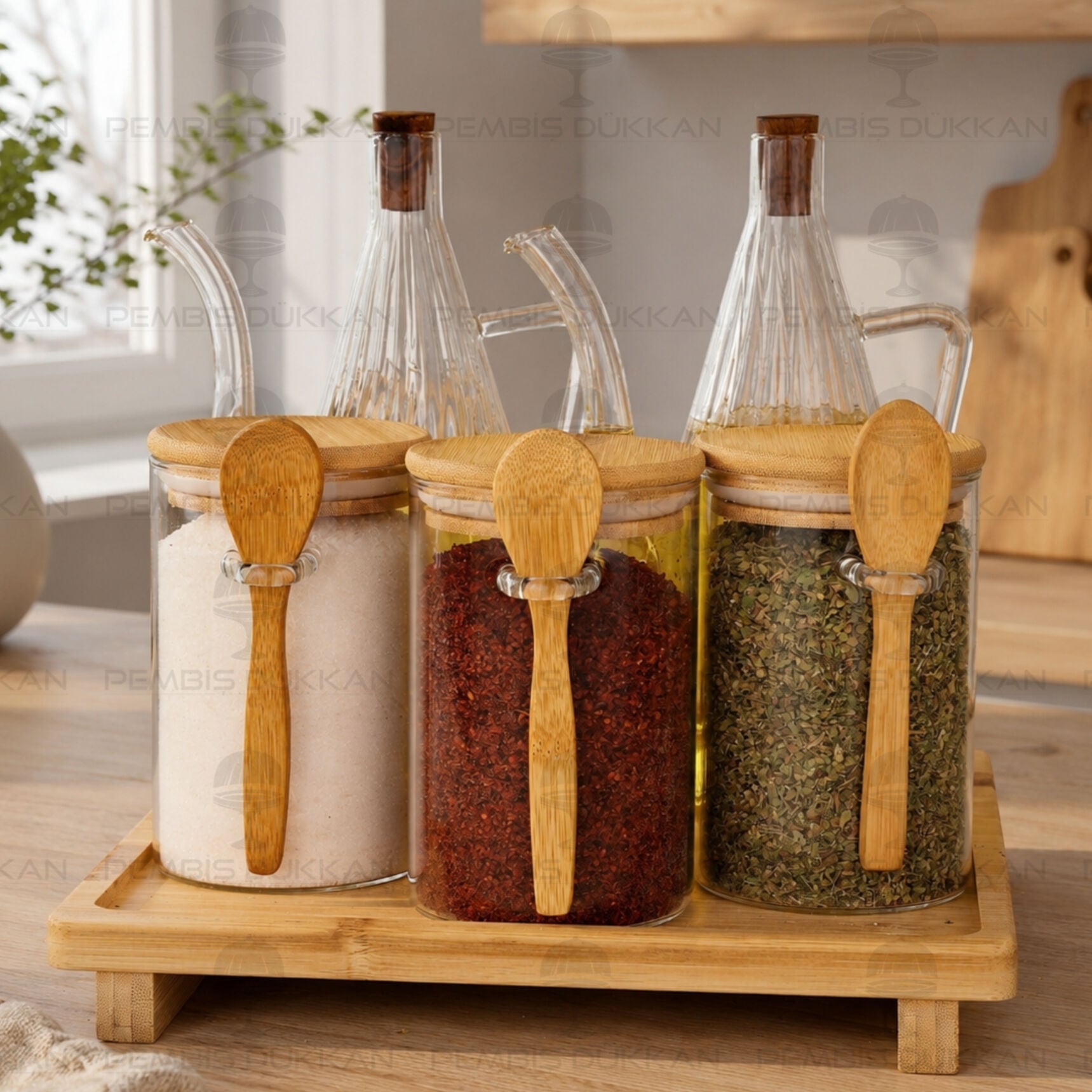 5li Bambu Standlı İbrik Ocak Yanı Yağdanlık Kombin Set 4