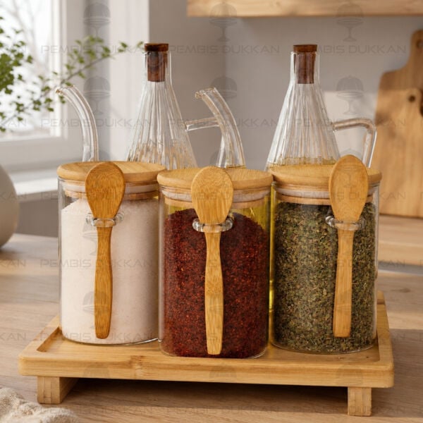 5'li Bambu Standlı İbrik Ocak Yanı Yağdanlık Kombin Set 4