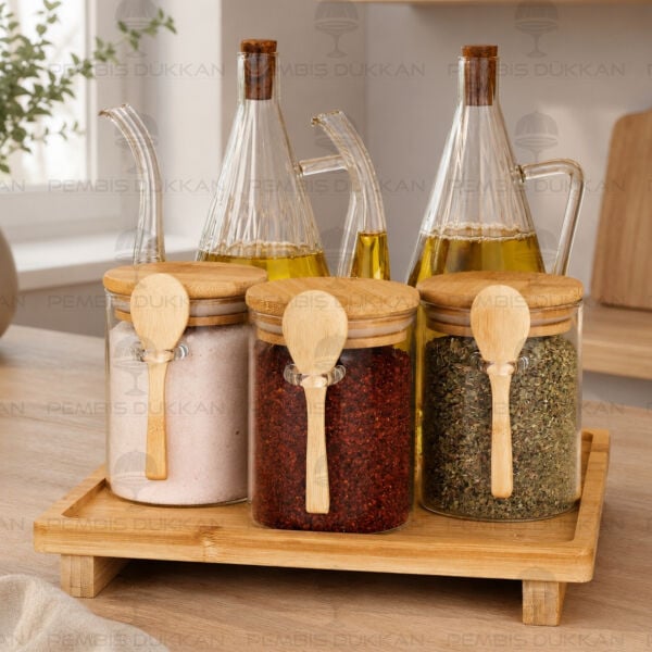 5li Bambu Standlı İbrik Ocak Yanı Yağdanlık Kombin Set 5