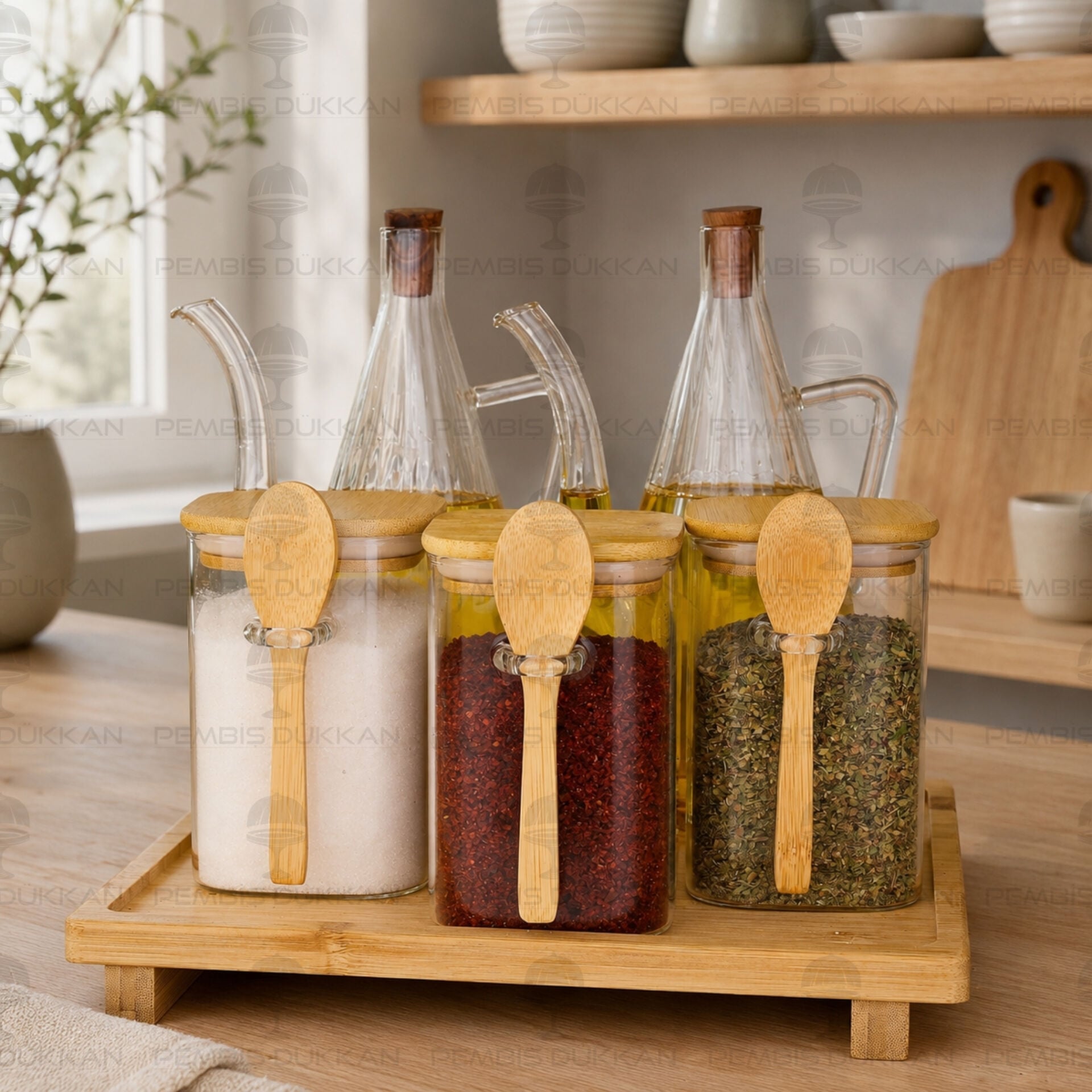 5li Bambu Standlı İbrik Ocak Yanı Yağdanlık Kombin Set 6