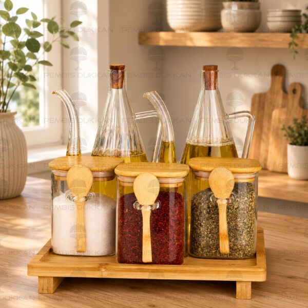 5'li Bambu Standlı İbrik Ocak Yanı Yağdanlık Kombin Set 7