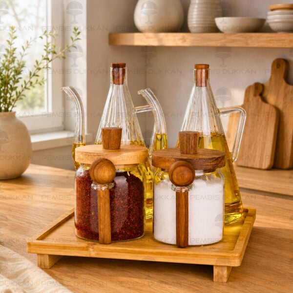 4'lü Bambu Standlı İbrik Ocak Yanı Yağdanlık Kombin Set 8