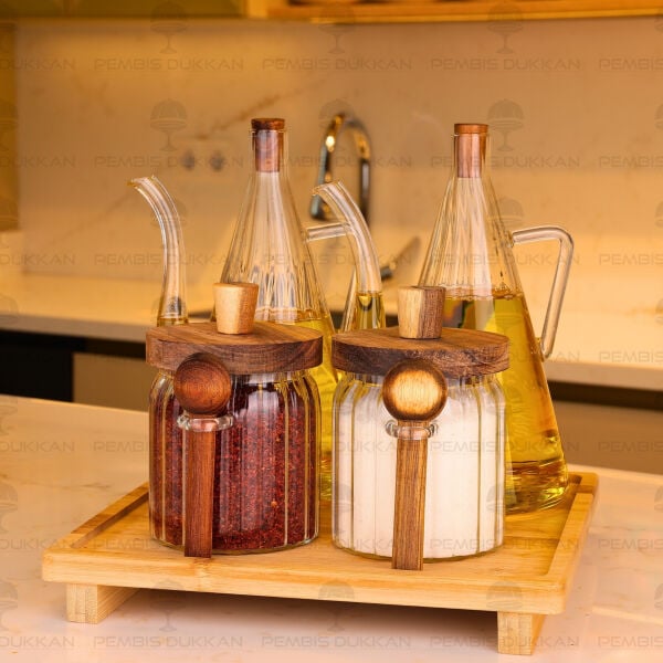 4lü Bambu Standlı İbrik Ocak Yanı Yağdanlık Kombin Set 9