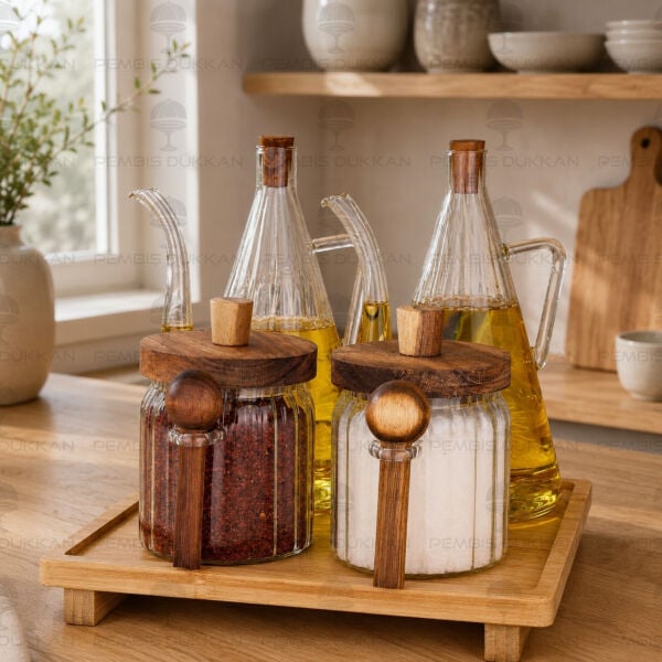 4lü Bambu Standlı İbrik Ocak Yanı Yağdanlık Kombin Set 9