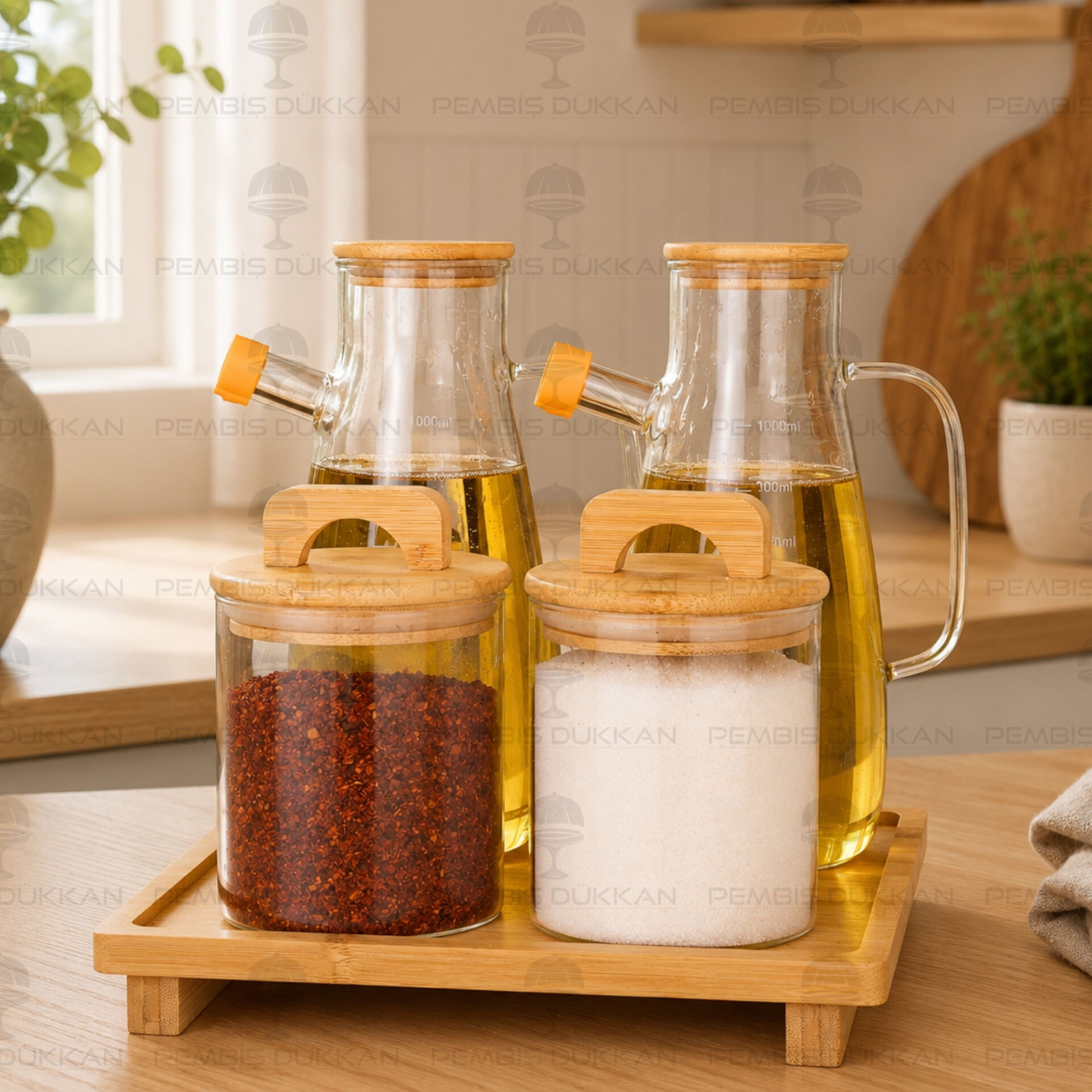 4lü Bambu Standlı Milo Ocak Yanı Yağdanlık Kombin Set 15