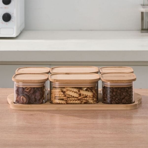 6LI BAMBU KAPAKLI, TEPSİLİ CAM KAHVALTILIK (BOR 004)