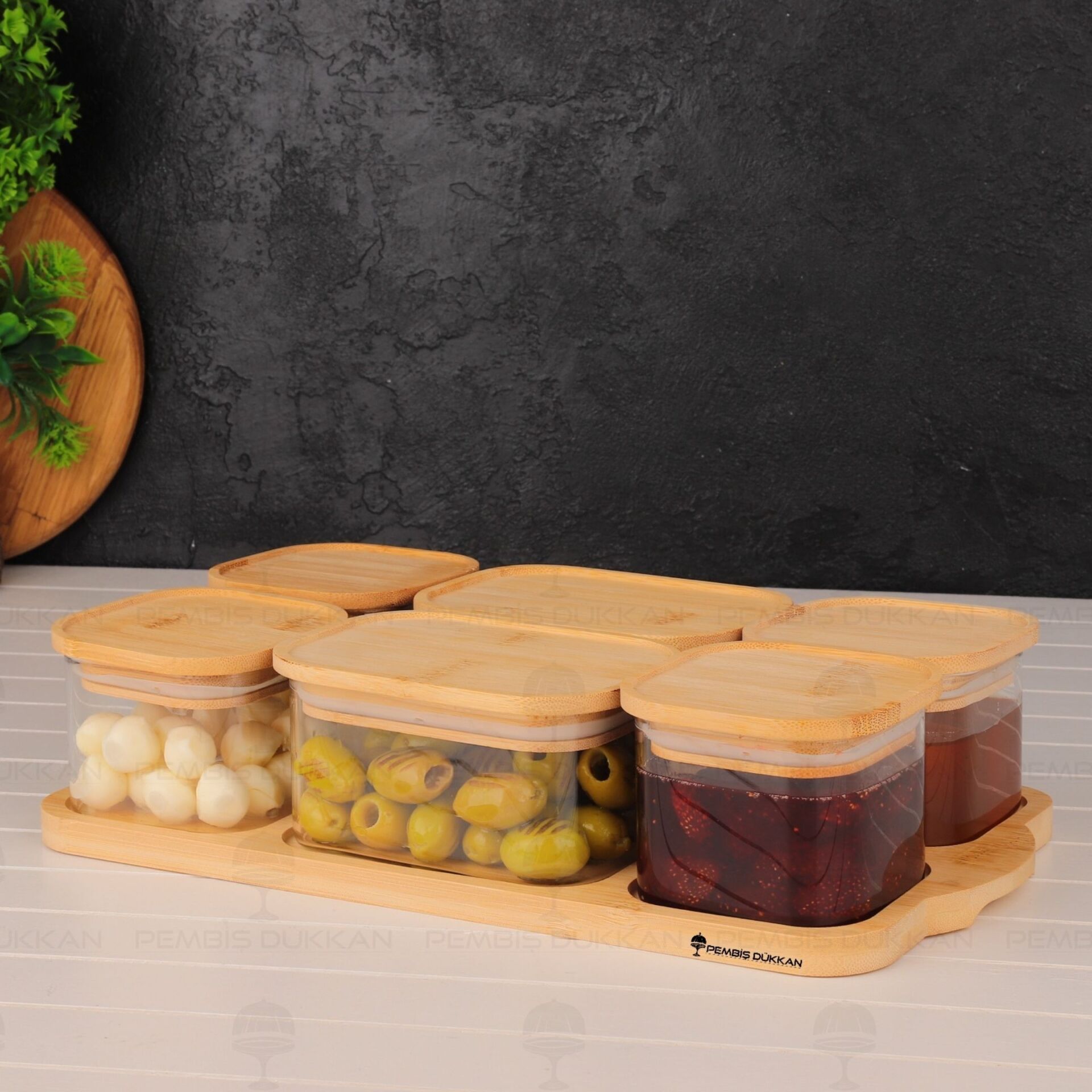 6LI BAMBU KAPAKLI, TEPSİLİ CAM KAHVALTILIK (BOR 004)