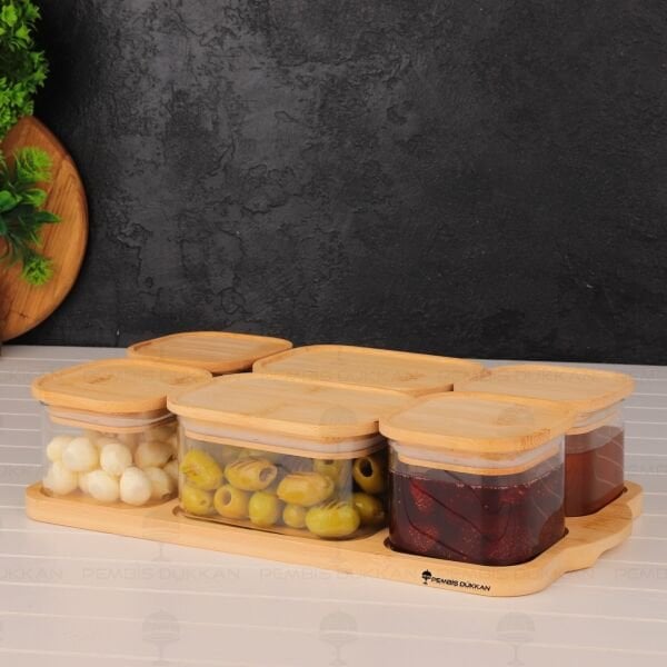 6LI BAMBU KAPAKLI, TEPSİLİ CAM KAHVALTILIK (BOR 004)