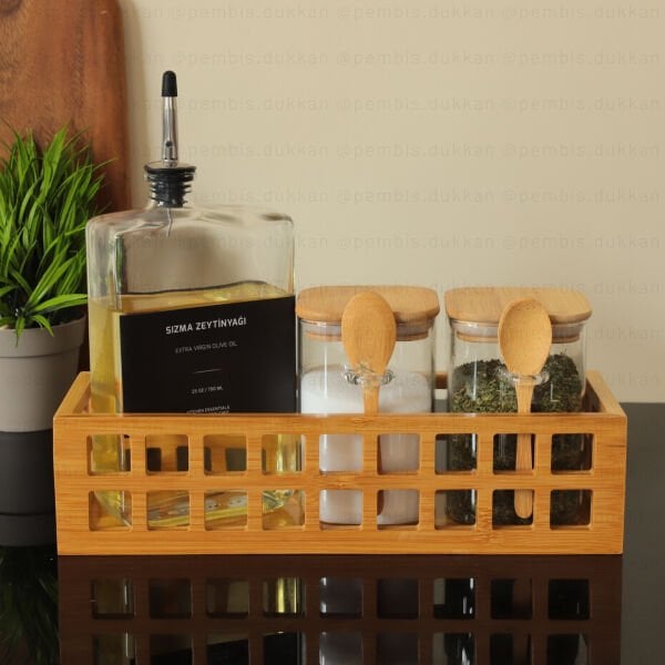 BAMBU DİKDÖRTGEN KASA YAĞDANLIK+KAŞIKLI KAVANOZ KOMBİN SET