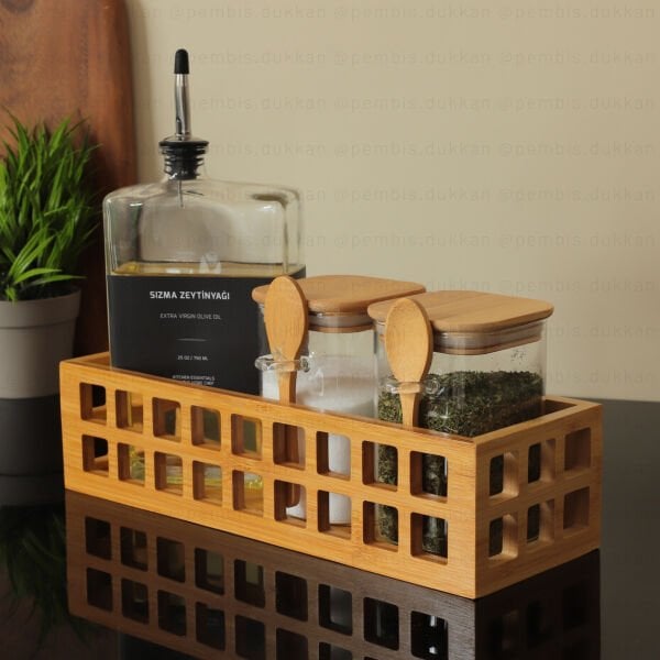 BAMBU DİKDÖRTGEN KASA YAĞDANLIK+KAŞIKLI KAVANOZ KOMBİN SET