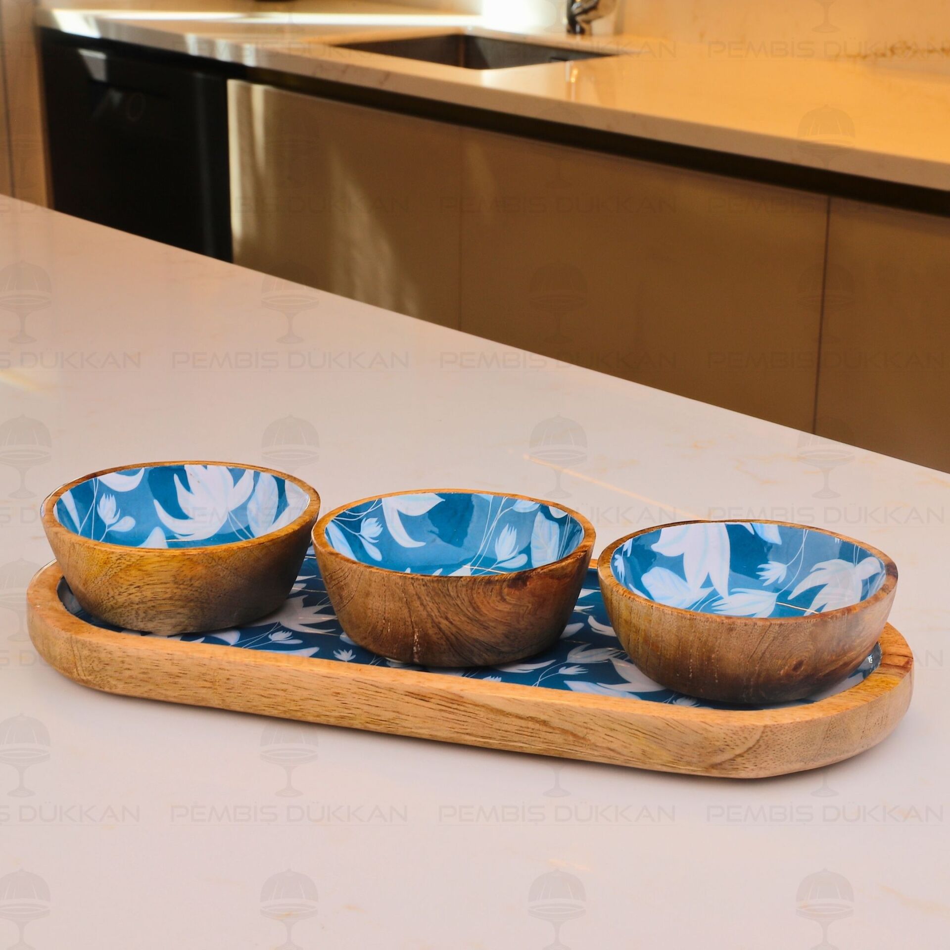 MANGO AGACI 30CM MAVİ STANDLI ÜÇLÜ KASE SETİ (THN38314)