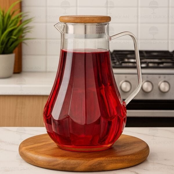 1800ML ÇİZGİLİ, AKASYA KAPAKLI BOROSİLİKAT CAM SÜRAHİ (77012)