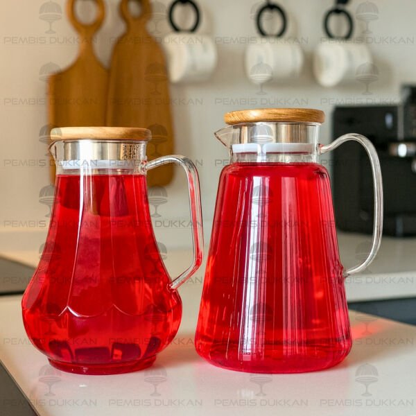 1800ML ÇİZGİLİ, AKASYA KAPAKLI BOROSİLİKAT CAM SÜRAHİ (77010)