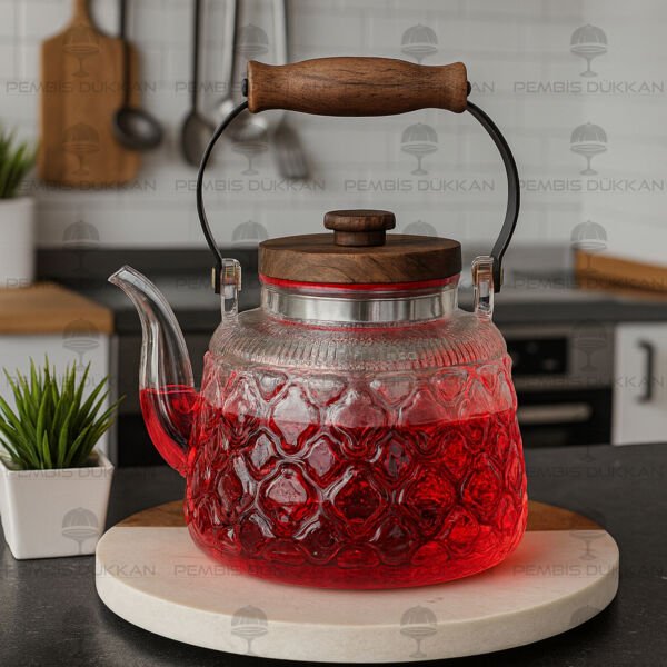 1 ADET AKASYA KULPLU DESENLİ CAM SÜZGEÇLİ DEMLİK (1S24)