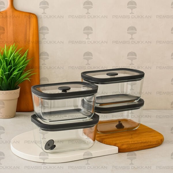Siyah 470ml Silikon Vakumlu, Cam Saklama Kabı (3h01)