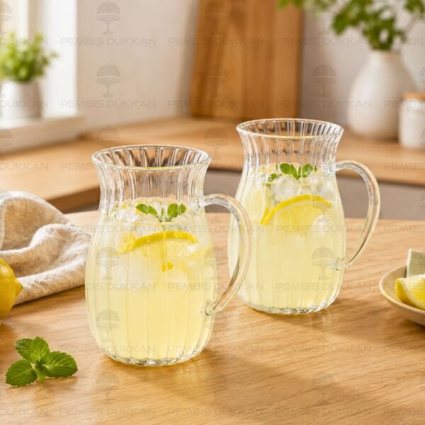 2li Çizgili Borosilikat Cam Kulplu Ayran Limonata Bardağı 77417