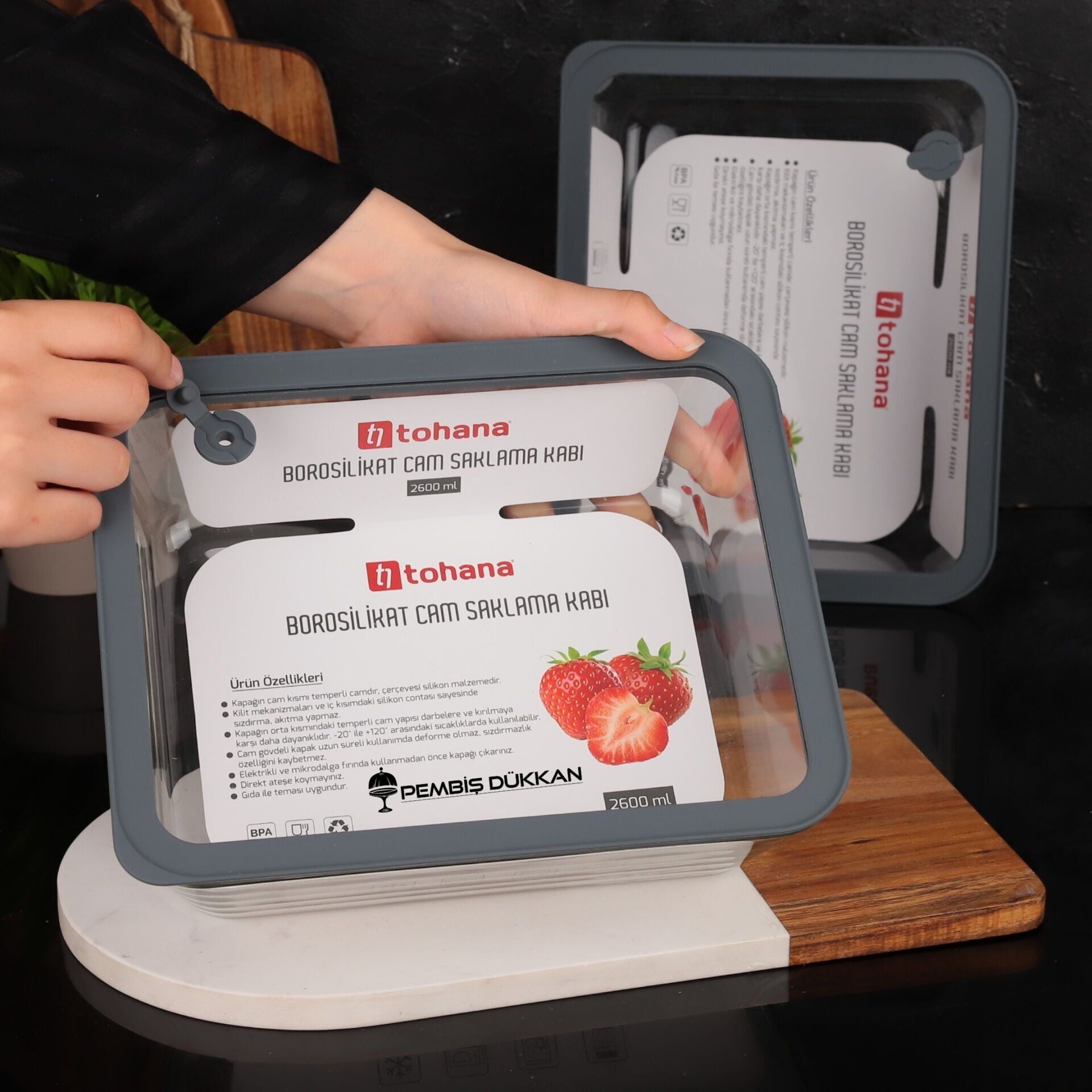 1 Adet Gri Basık 2600ml Silikon Vakumlu, Cam Saklama Kabı (Thn 83362)