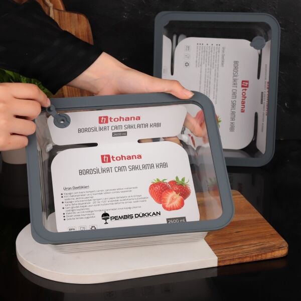1 Adet Gri Basık 2600ml Silikon Vakumlu, Cam Saklama Kabı (Thn 83362)