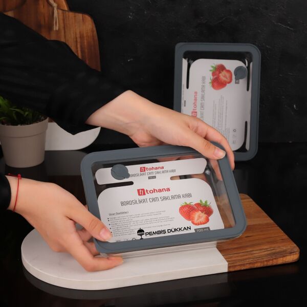 1 Adet Gri Basık 700ml Silikon Vakumlu, Cam Saklama Kabı (Thn 83360)