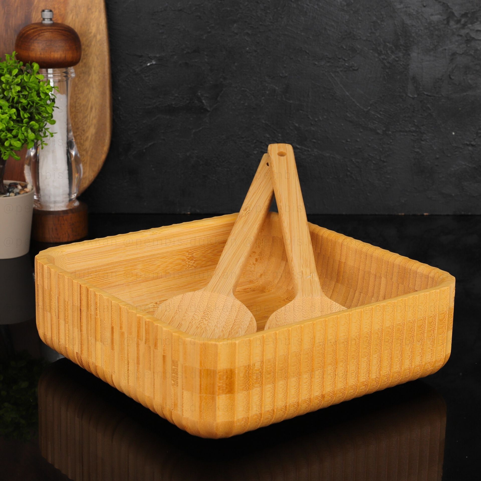 BAMBU KARE KENAR ÇİZGİLİ BÜYÜK BOL DERİN KASE (7B172)