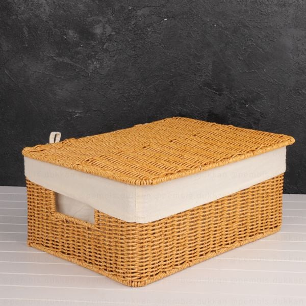 3LÜ RATTAN DİKDÖRTGEN BEZLİ KAPAKLI SEPET