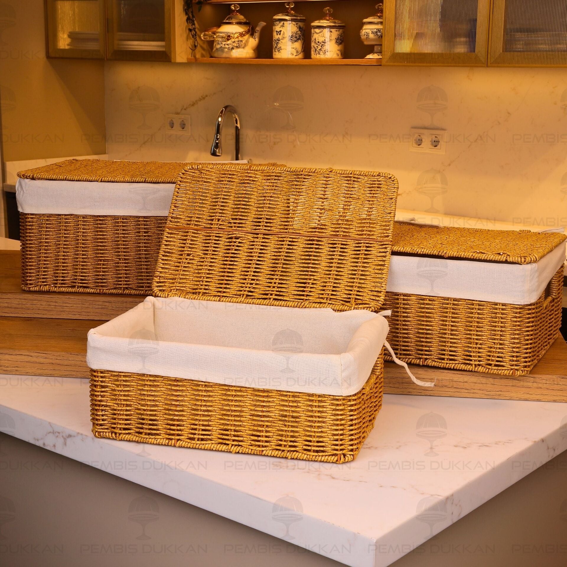 3LÜ RATTAN DİKDÖRTGEN BEZLİ KAPAKLI SEPET