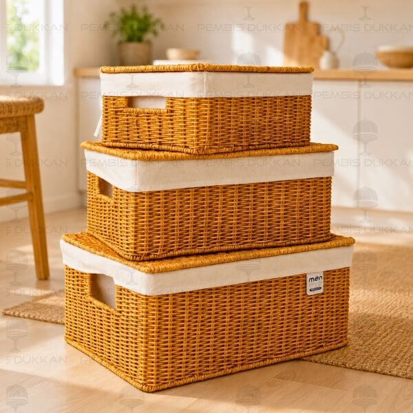 3LÜ RATTAN DİKDÖRTGEN BEZLİ KAPAKLI SEPET