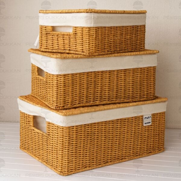 3LÜ RATTAN DİKDÖRTGEN BEZLİ KAPAKLI SEPET