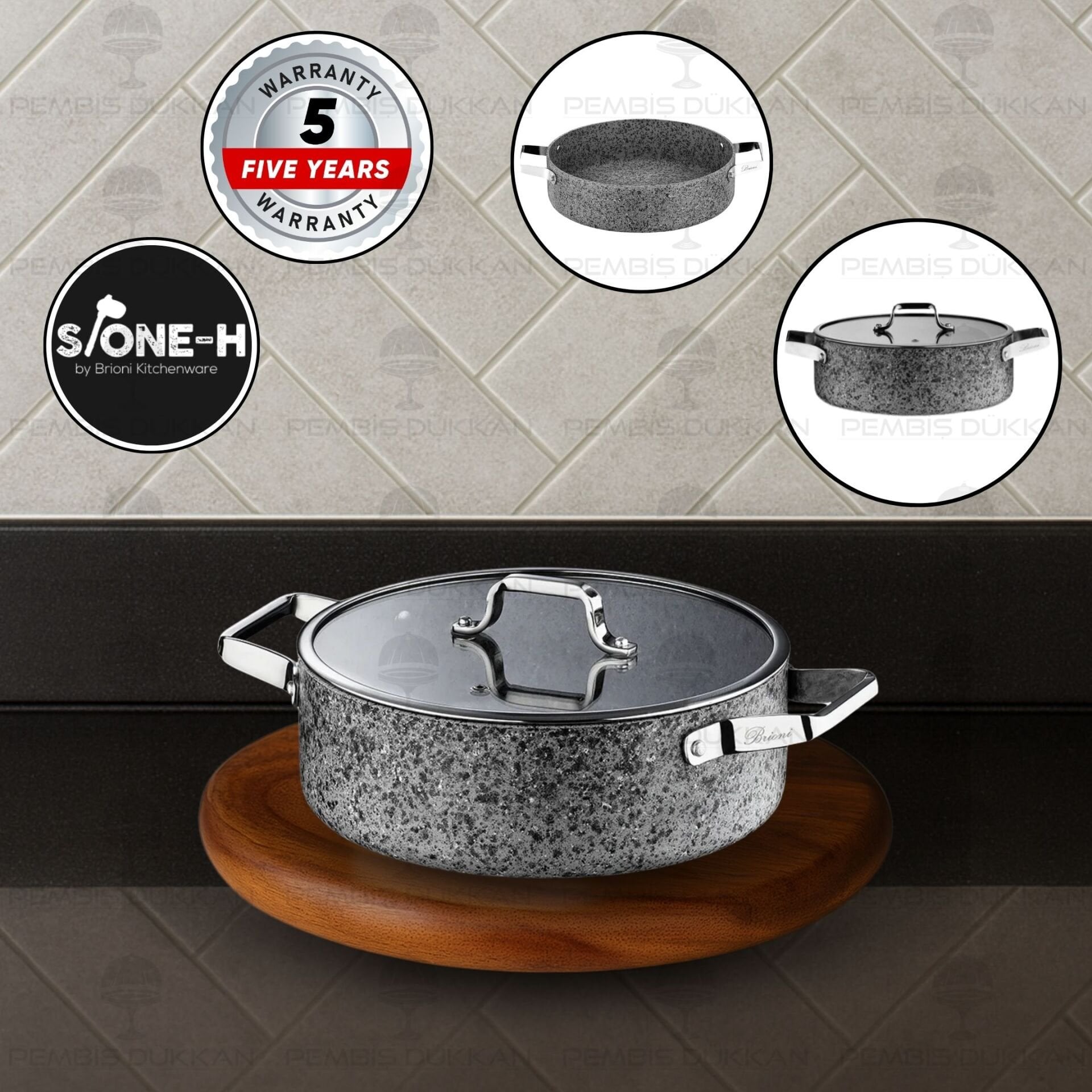 Brioni Stone-Age Gri 24 Cm Basık Tencere