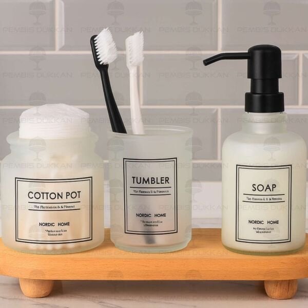 3 PARÇA BUZLU CAM BANYO SABUNLUK SET (Q07)