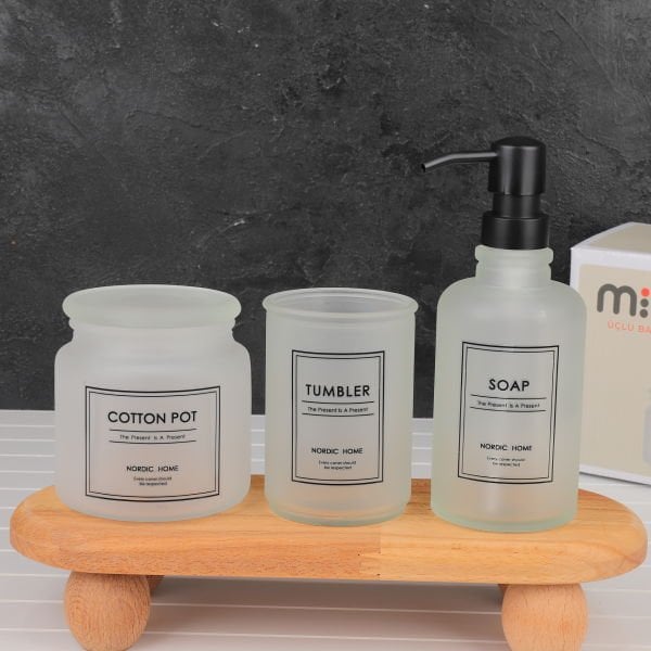 3 PARÇA BUZLU CAM BANYO SABUNLUK SET (Q07)