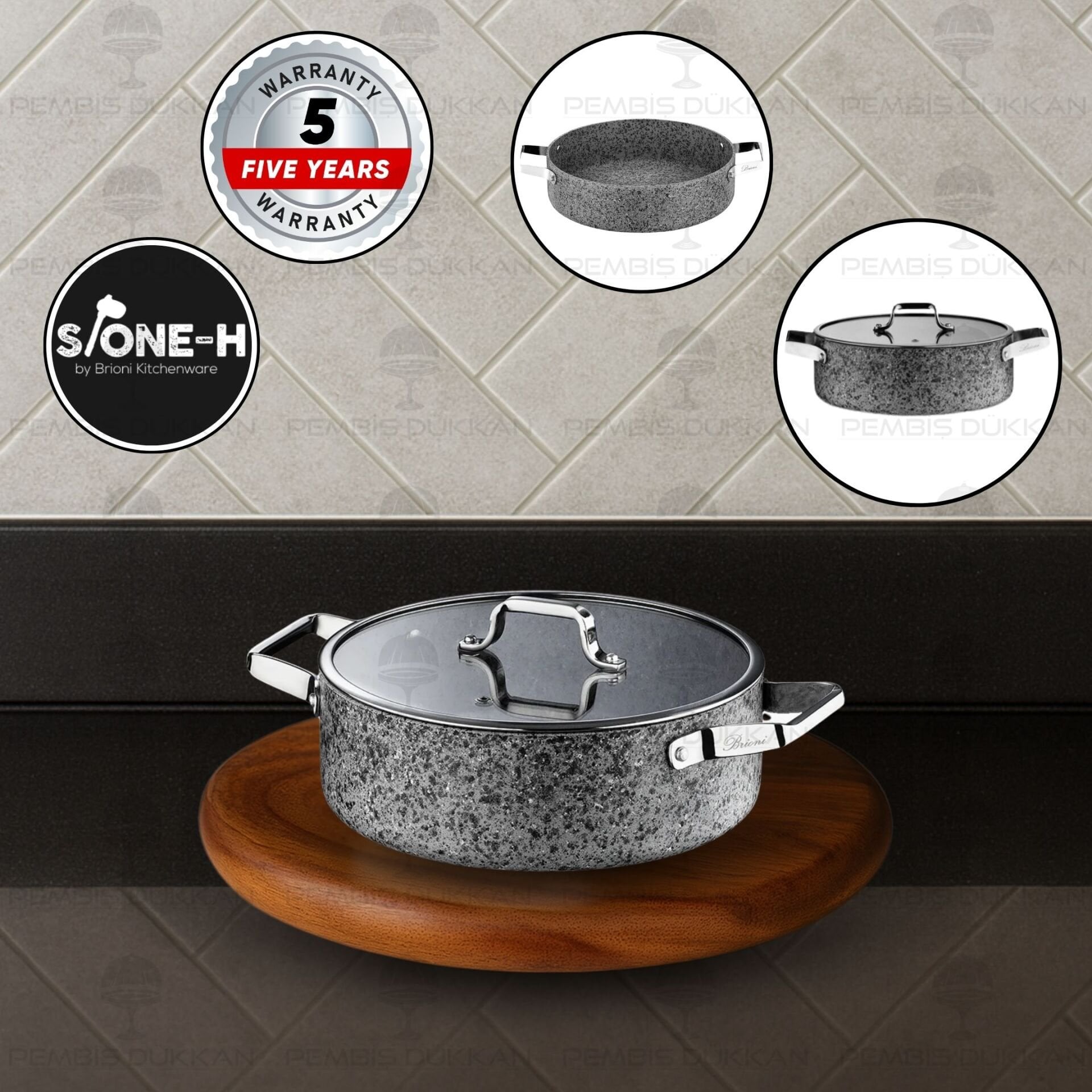 Brioni Stone-Age Gri 22 Cm Basık Tencere