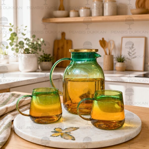 3lü Yeşil Metal Kapaklı Borosilikat Cam Sürahi Set (4036)