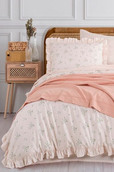 LE AMORE ÇİFT KİŞİLİK NEVRESİMLİ PİKE TAKIMI PUDRA