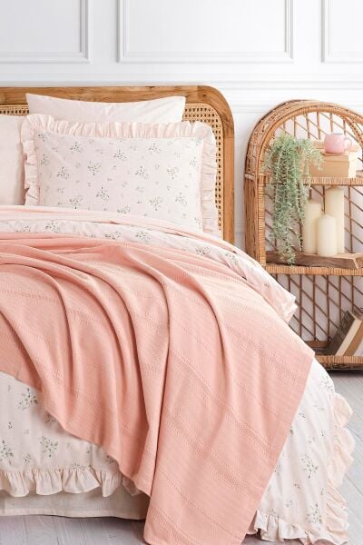 LE AMORE ÇİFT KİŞİLİK NEVRESİMLİ PİKE TAKIMI PUDRA