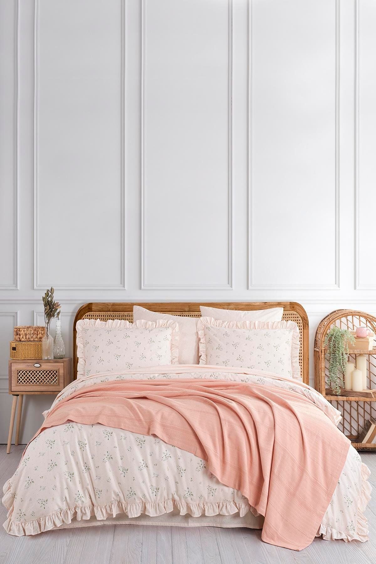 LE AMORE ÇİFT KİŞİLİK NEVRESİMLİ PİKE TAKIMI PUDRA