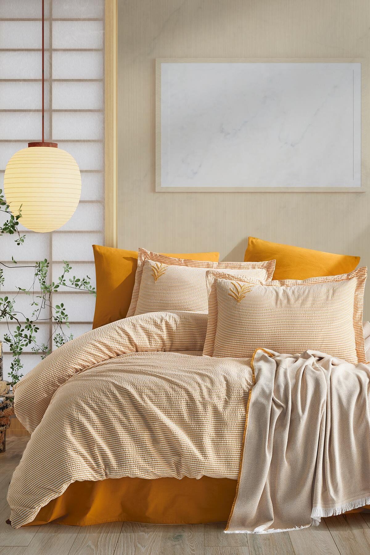 MARİBELL ÇİFT KİŞİLİK PİKELİ NEVRESİM TAKIMI - HARDAL