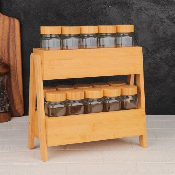 BAMBU 2 KATLI ORGANİZER RAF BAHARATLIK KOMBİN SET (7B52)