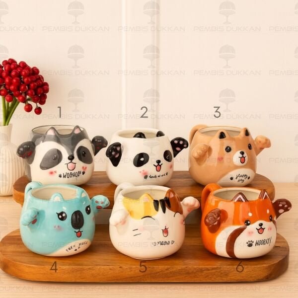 1 ADET KUCAKLAYAN HAYVAN FİGÜRLÜ SERAMİK KUPA (24503) (MODEL SEÇİN)